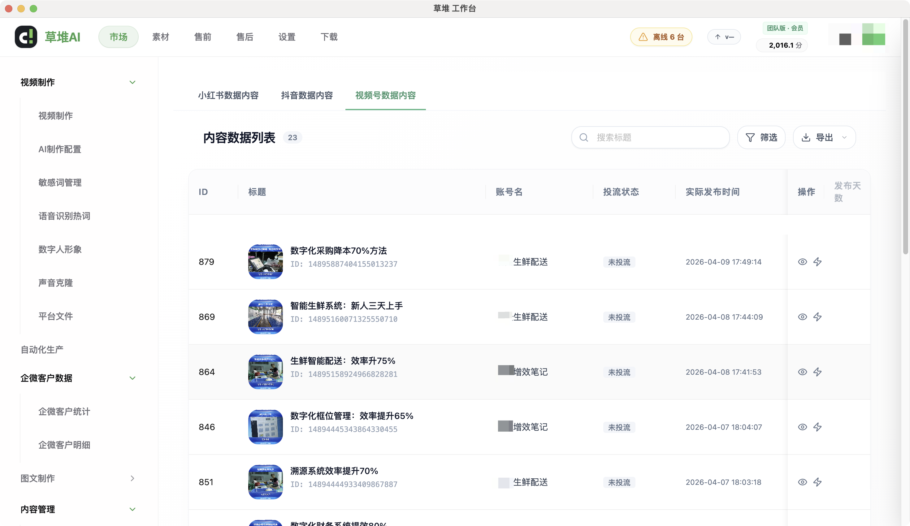 内容数据列表页，展示多平台视频发布后的投流状态与时间