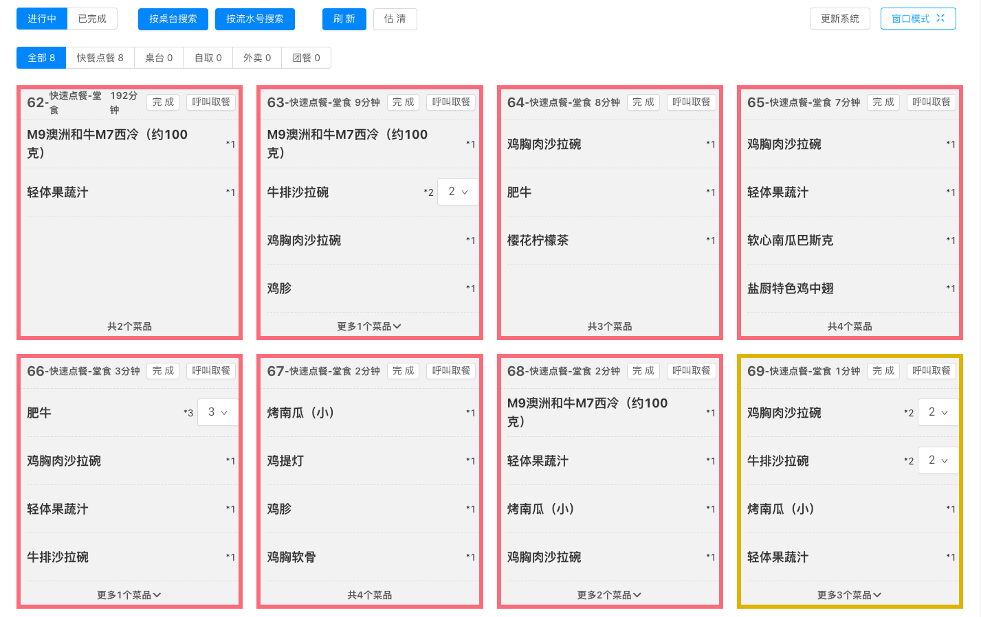 来之KDS按订单展示后厨任务的界面